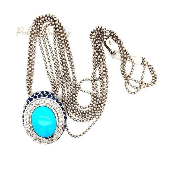 925 Turquoise/Cz/Sapphire Oval Pendant Necklace - Picture 4 of 11